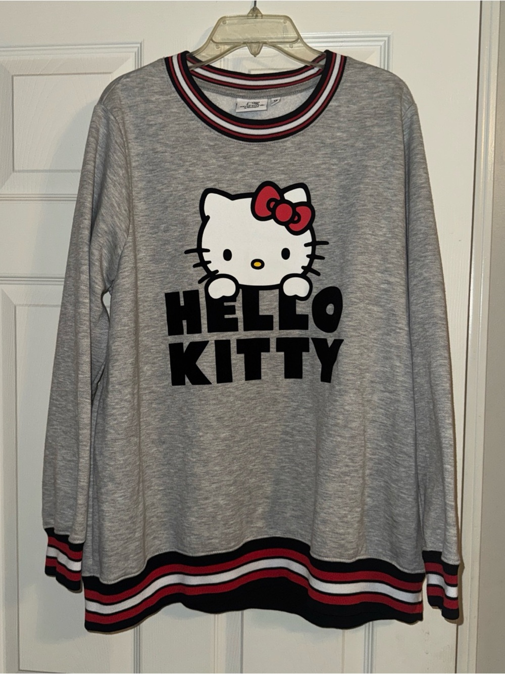 Hello Kitty Grey Top with Black, White and Red Striped Trim